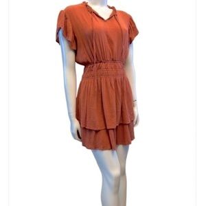 RD Style Rust Orange Mini Sundress with Ruffled Tiered Skirt and Flutter Sleeves